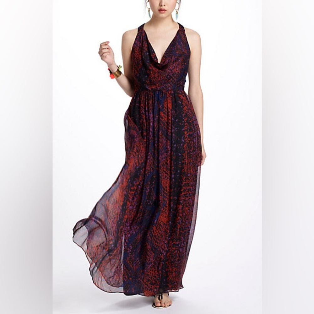 Anthropologie Navy and Red Patterned Halter Maxi Dress